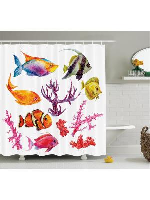 Фотоштора для ванной Рыбы и кораллы, 180*200 см Magic Lady. Цвет: белый, желтый, оранжевый, розовый, синий, фиолетовый