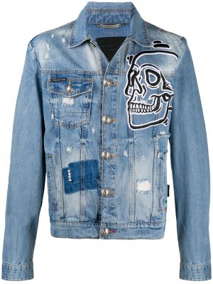 Джинсовая куртка с вышивкой Philipp Plein. Цвет: синий