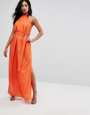 Платье макси с поясом и сборками AQ/AQ AQ. Цвет: оранжевый