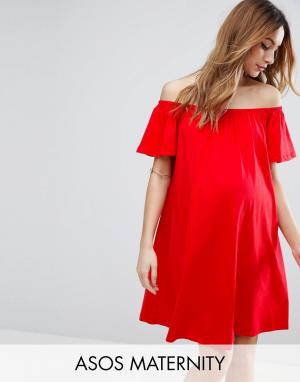 Платье мини для беременных с открытыми плечами ASOS Maternity. Цвет: красный