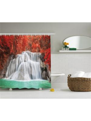 Фотоштора для ванной Водопад в красном лесу, 180*200 см Magic Lady. Цвет: красный, светло-серый