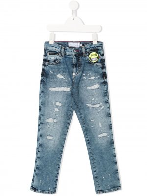 Прямые джинсы с эффектом потертости Philipp Plein Junior. Цвет: синий