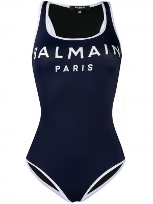 Слитный купальник с логотипом Balmain. Цвет: синий