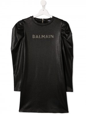 Платье с пышными рукавами и блестящим логотипом Balmain Kids. Цвет: черный