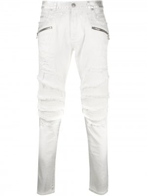 Байкерские джинсы скинни с прорезями Balmain. Цвет: белый