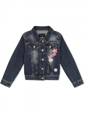 Джинсовая куртка с цветочной вышивкой Dolce & Gabbana Kids. Цвет: синий