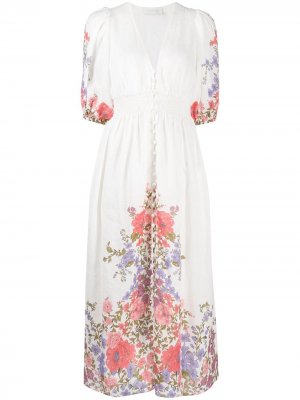 Платье миди с цветочным принтом и сборками Zimmermann. Цвет: белый