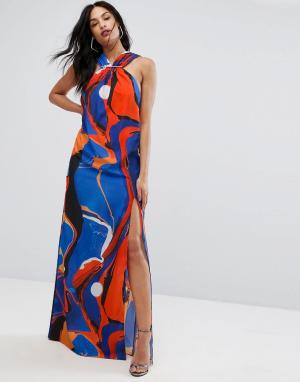 Платье-халтер макси с принтом и металлической отделкой AQ/AQ AQ. Цвет: мульти
