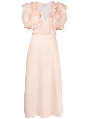 Платье миди с V-образным вырезом и оборками Sandro Paris. Цвет: розовый