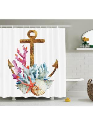 Фотоштора для ванной Якорь, кораллы и ракушки, 180*200 см Magic Lady. Цвет: бежевый, белый, голубой, коричневый, оранжевый, розовый