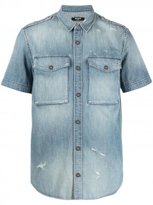 Джинсовая рубашка с эффектом потертости Balmain. Цвет: синий