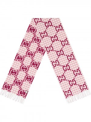 Жаккардовый шарф в клетку с логотипом GG Gucci. Цвет: розовый