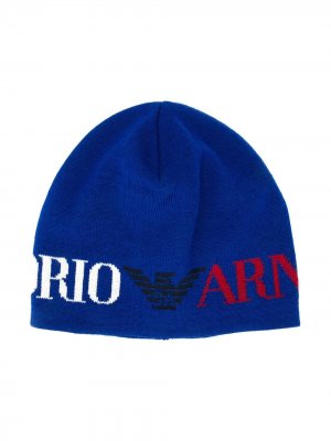 Трикотажная шапка бини с логотипом Emporio Armani Kids. Цвет: синий
