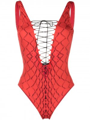 Купальник со шнуровкой и змеиным узором Noire Swimwear. Цвет: красный