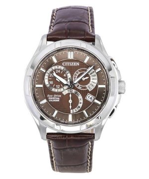 Мужские часы  Eco-Drive Perpetual GMT с кожаным ремешком коричневым циферблатом BL8160-07X 100M Citizen