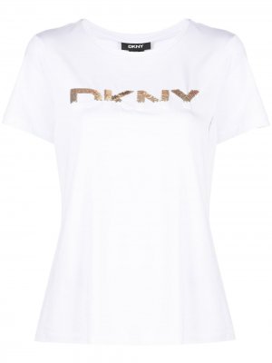 Футболка с логотипом и пайетками DKNY. Цвет: белый