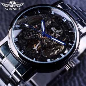 Черные мужские наручные часы со скелетом из нержавеющей стали, антикварные стимпанк, повседневные автоматические механические скелетом, WINNER