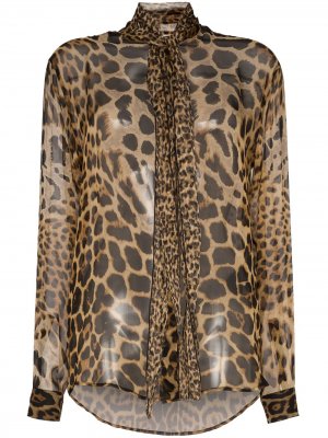 Полупрозрачная леопардовая блузка с горловиной на завязке Saint Laurent. Цвет: коричневый