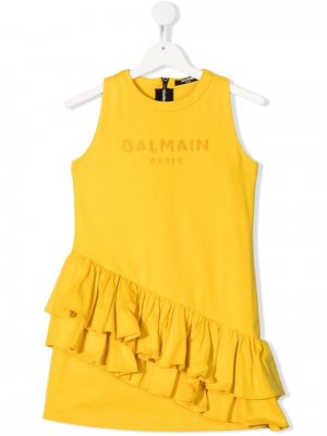 Платье мини с оборками Balmain Kids. Цвет: желтый