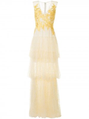 Вечернее платье с цветочным кружевом Costarellos. Цвет: желтый