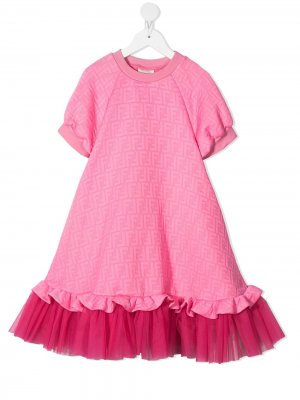 Платье с подолом из тюля и логотипом FF Fendi Kids. Цвет: розовый