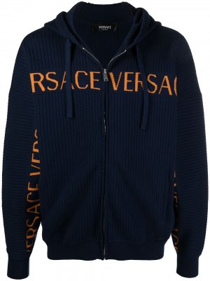 Кардиган вязки интарсия с капюшоном и логотипом Versace. Цвет: синий