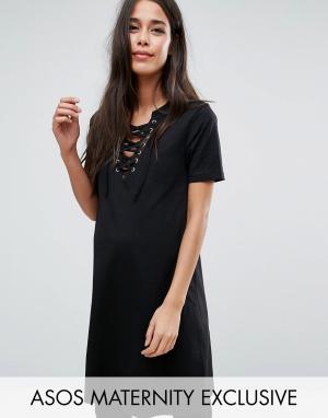 Платье-футболка для беременных со шнуровкой ASOS Maternity. Цвет: черный