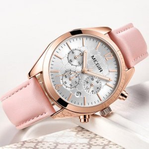 Женские часы MEGIR, модные розовые кожаные кварцевые часы, Lovers Hour Relogio Feminino Montre Femme Reloj Mujer Megir