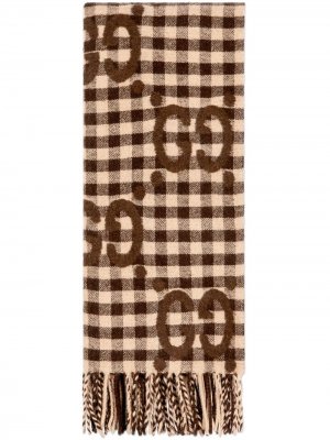 Клетчатый жаккардовый шарф с логотипом GG Gucci. Цвет: коричневый