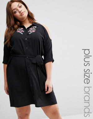 Платье-рубашка с открытыми плечами и вышивкой New Look Curve Plus. Цвет: черный