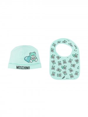 Комплект из шапки бини и нагрудника с логотипом Moschino Kids. Цвет: зеленый