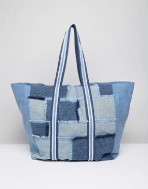 Джинсовая большая сумка-шоппер в стиле пэтчворк  LIFESTYLE ASOS. Цвет: синий