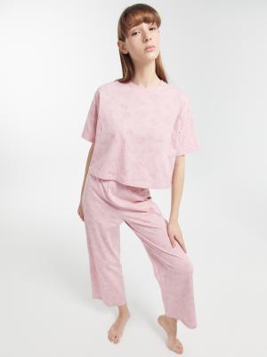 Комплект женский (футболка, бриджи) пыльно-розовый с совами Mark Formelle. Цвет: совы на пыльно -розовом