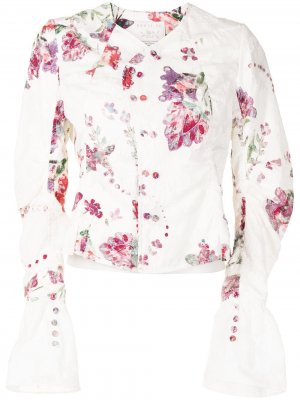 Куртка с цветочным принтом и оборками на рукавах Renli Su. Цвет: белый